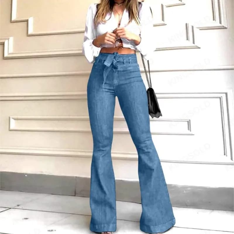 Jeans da Donna in Denim a Zampa d'Elefante, Tinta Unita, Vita Alta, Chiusura con Cerniera, Tasche Piatte, Stile Streetwear, Slim, Patchwork, Bottoni, Leggermente Elasticizzati, con Cintura