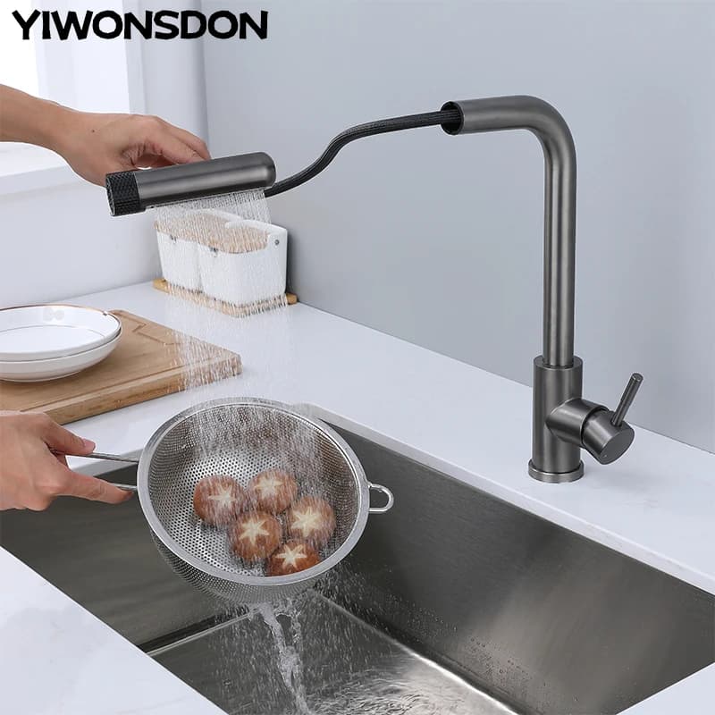 6 Mode Grey Kitchen Faucets Extractible Rotation Waterfall Black Flow Sprayer Head Mixer for Washer Accessories for Brushed Nickel Water Faucet