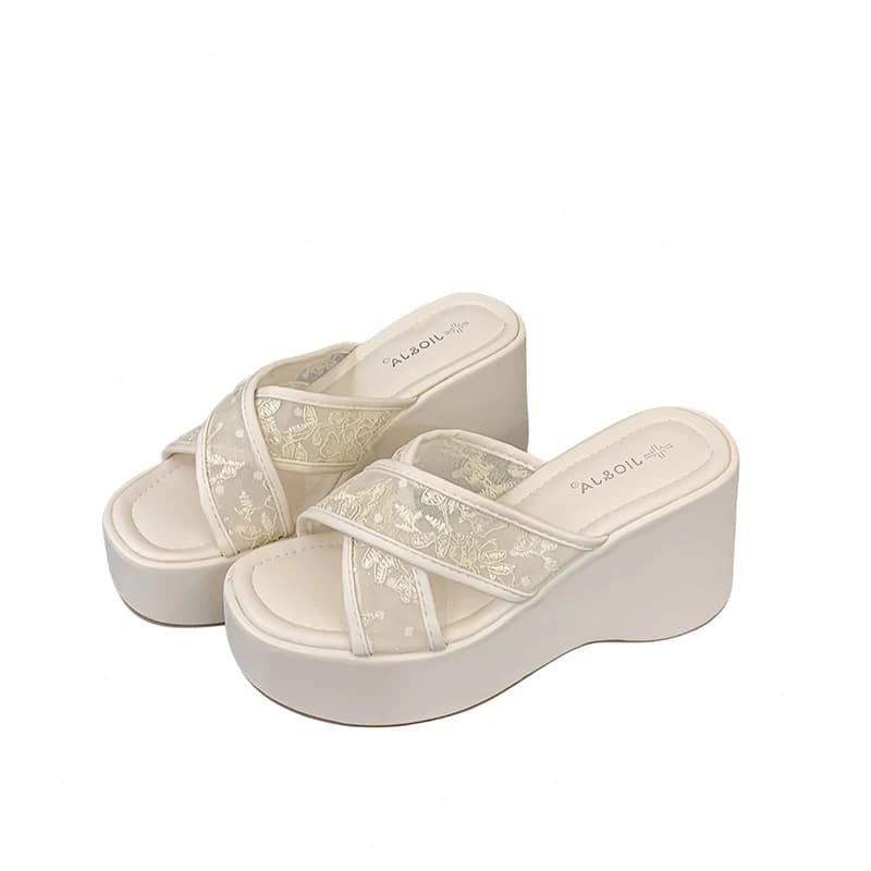 Black Wedge Slippers Woman High Heels Platform Shoes Pink Mesh Embroidery Chunky Heels Sandals Casual Summer Beach Shoes