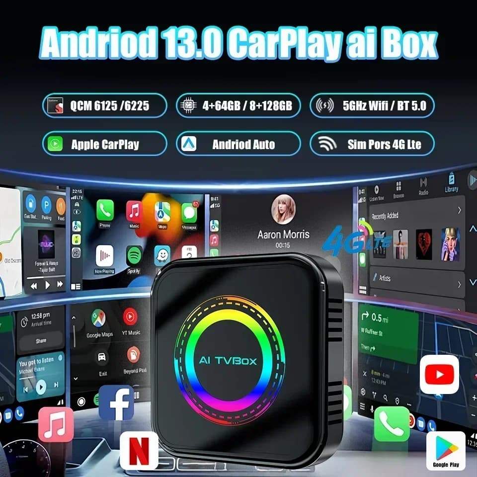 Nuovo Android 13 Ai Box 3In1 CarPlay e Android Auto Car Smart Led Multimedia Box 4G LTE Qualcomm 8 Core 64G/128G ROM Plug & Play
