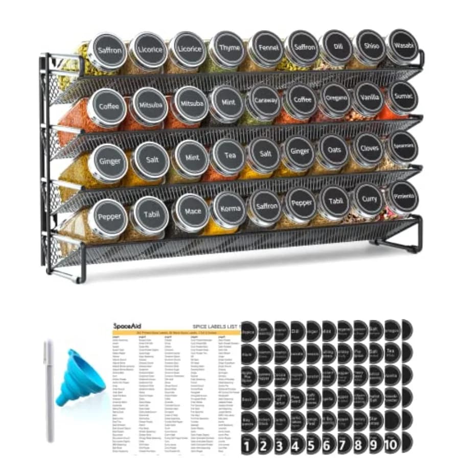 Organizzatore per Spezie con 36 Barattoli, 386 Etichette, Pennarello e Set Imbuto per Armadietto, Piano di Lavoro, Dispensa o Credenza