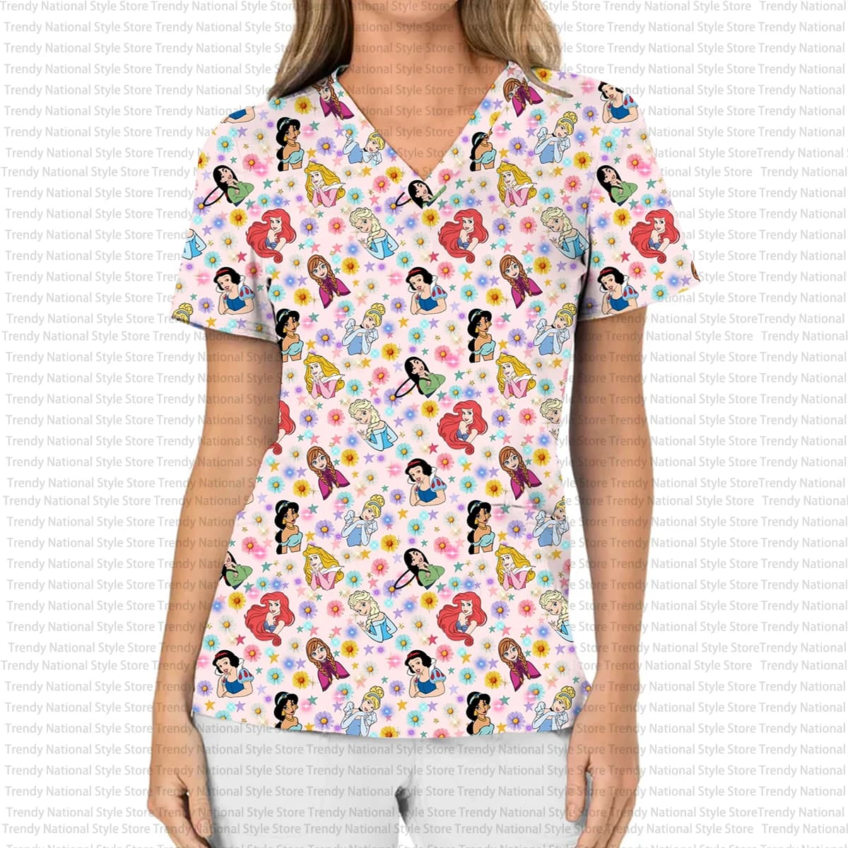 Estate Nuovo Disney Princess Stampa Moda Pendolari Tasca con scollo a V Scrub Top Abbigliamento ospedaliero da donna Salone di bellezza T-shirt dentale