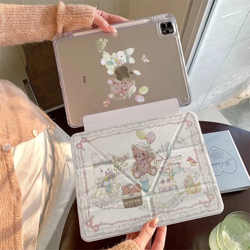 Cute Bear Rabbit Tablet Case For iPad Pro 11 A16 12.9 13 M2 M4 M3 M5 Shell 8.3 9.7 10.2 5/6/7/8/9/10/11th Mini Air 3 4 5 6 Cover