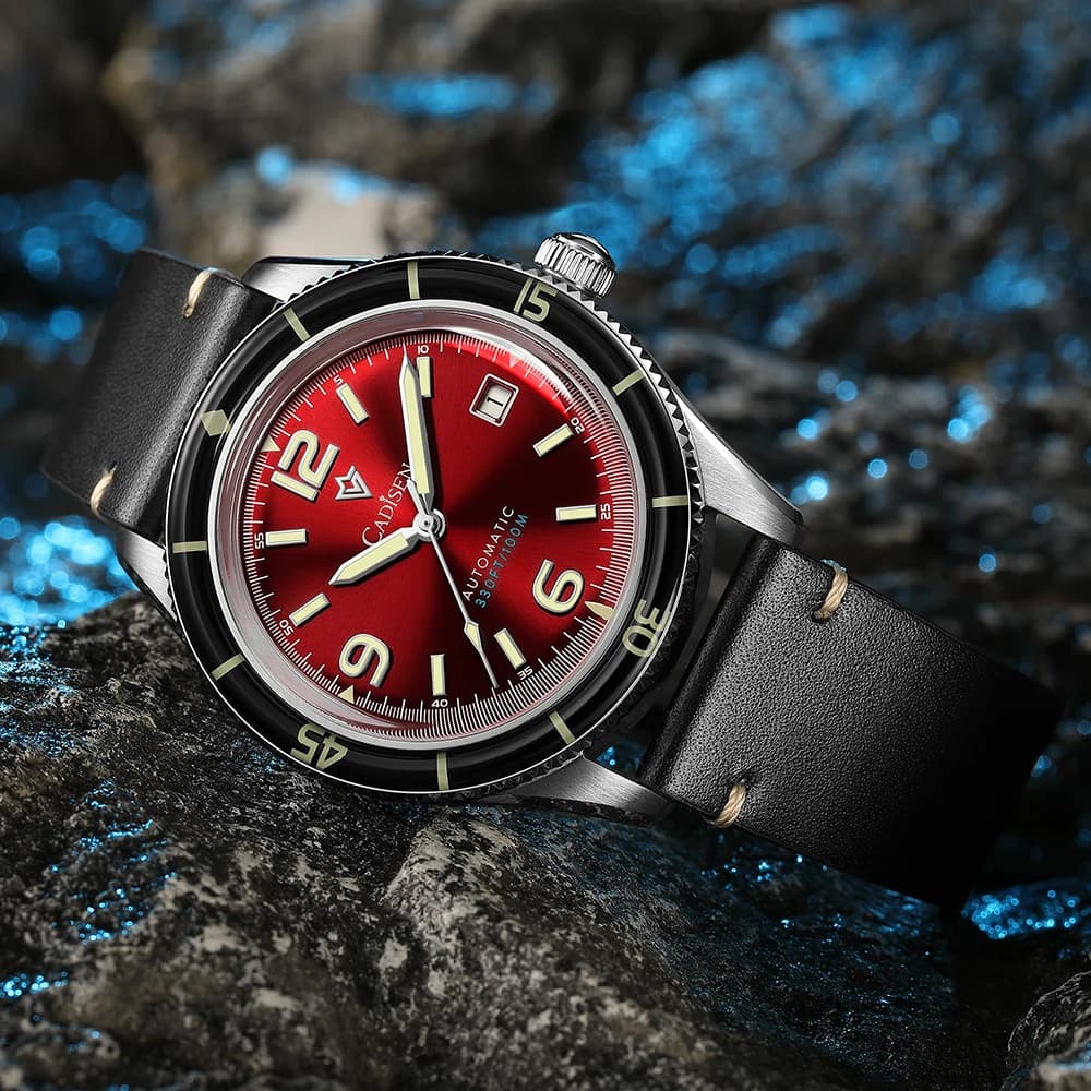 CADISEN NUOVO Orologio Meccanico Automatico da Polso con Movimento MIYOTA 8215, Cinturino in Vera Pelle, Impermeabile, Luminoso, Rosso, da Uomo