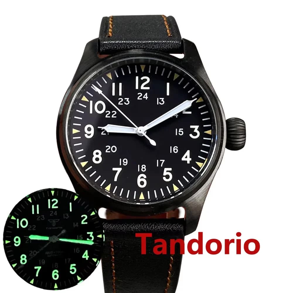 Men's Mechanical Watch Round 39mm Black PVD NH35A PT5000 Pilot Diver Militare with Sapphire Glass Brushed Waterproof 20ATM Luminous