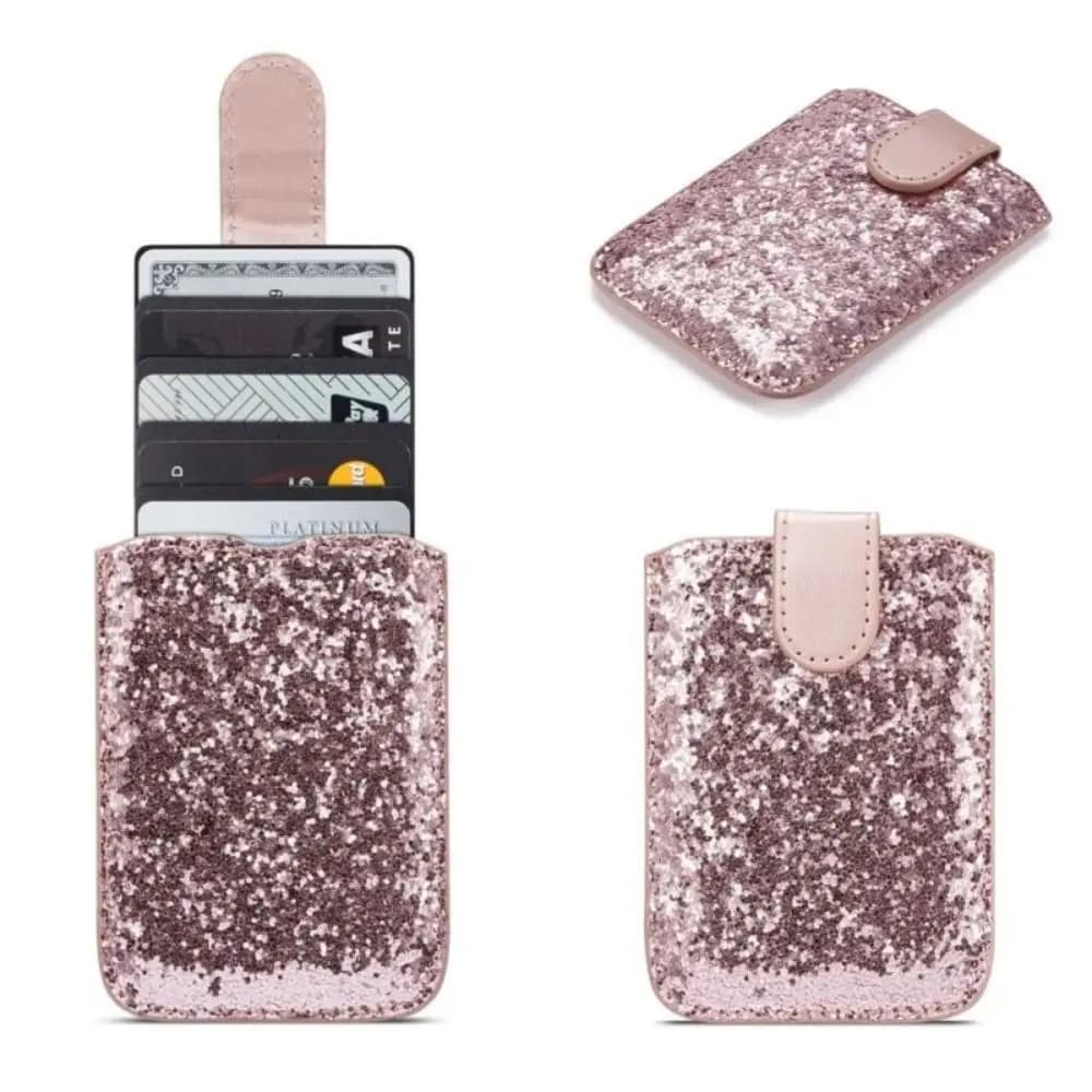 5 Card Pockets Phone ID Card Holder PU Leather RFID Blocking Cell Phone Wallet Case Adhesive Solid Color Sequins Card Sleeve