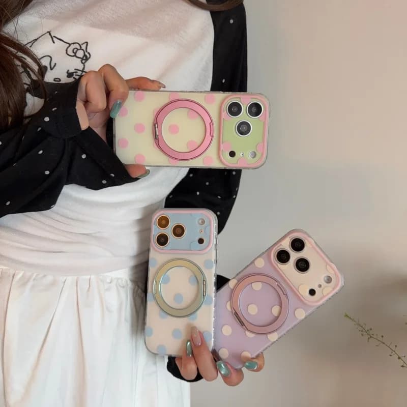 Pastel Polka Dots Magnetic Phone Case with Foldable Ring Kickstand for iPhone 17 16 15 14 13 Pro Promax, Shockproof