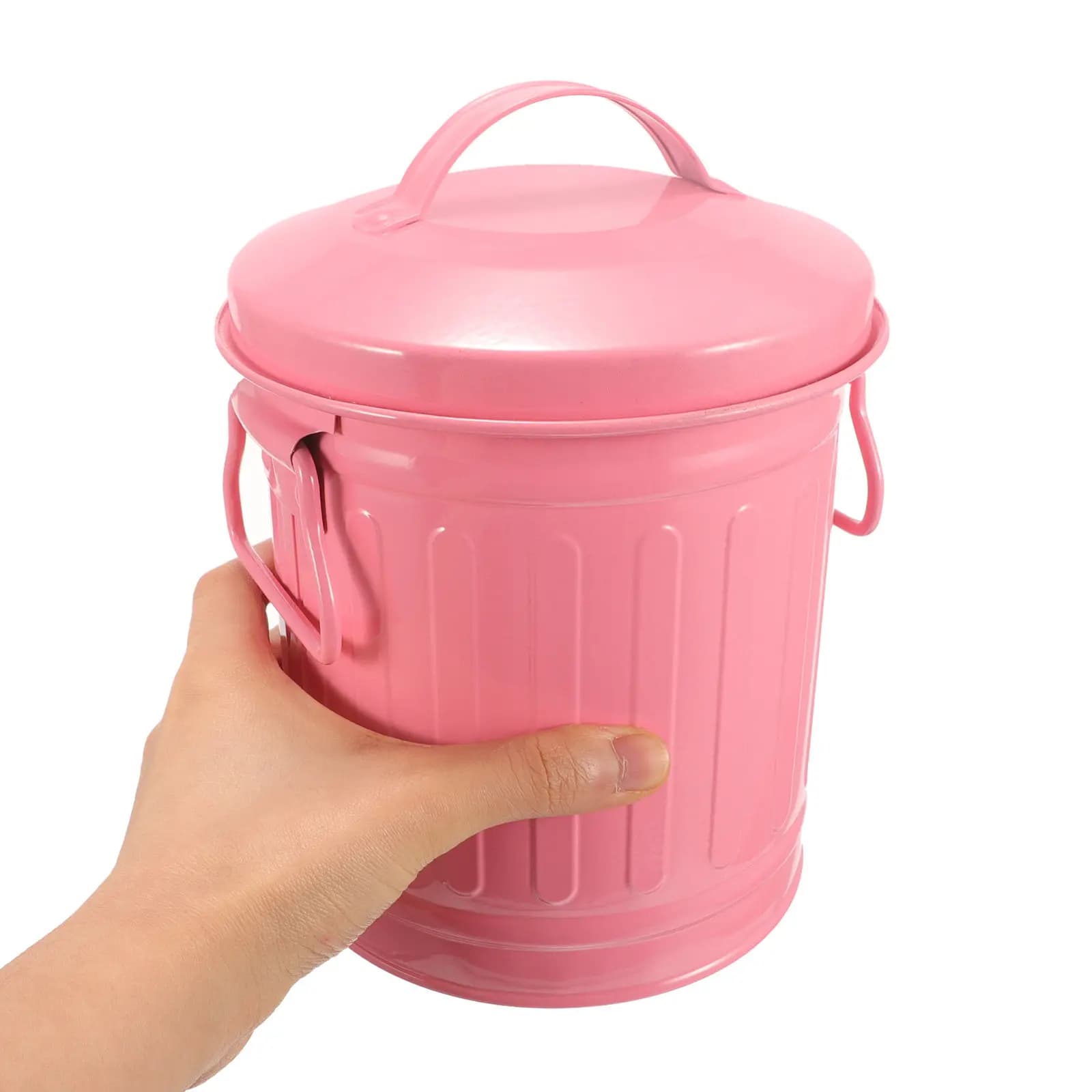 Cestino da scrivania in metallo, piccolo, robusto, in ferro, con design a coperchio a vaso di fiori, mini pattumiera per ufficio e camera da letto