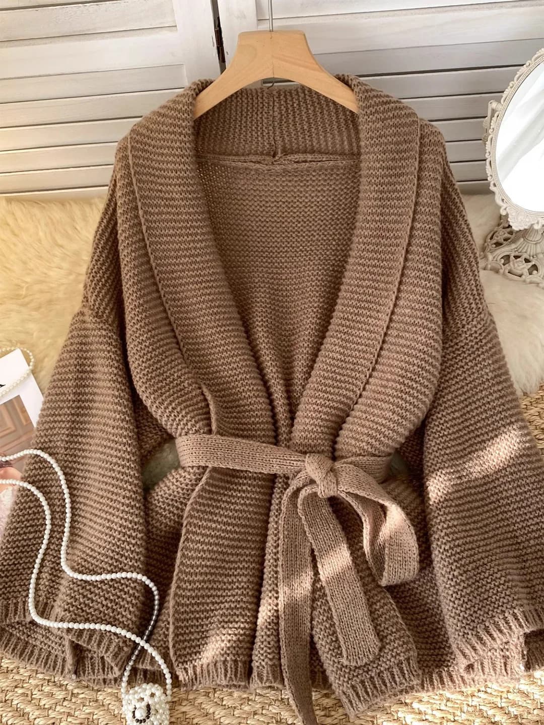 Croysier Autumn Winter Clothes For Women Cardigans 2024 Solid Casual Oversize Cardigan Sweater Long Sleeve Lace Up Knit Cardigan