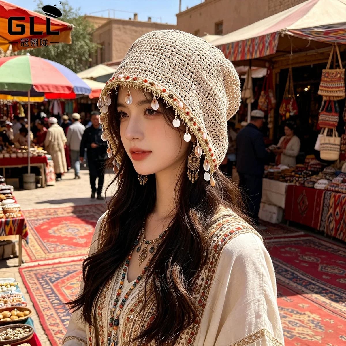 Women’s Bohemian-Style Shell-Adorned Openwork Head Scarf: Spring/Summer Breathable Mesh Pull-Over Hat, Elegant Cold-Weather Hat