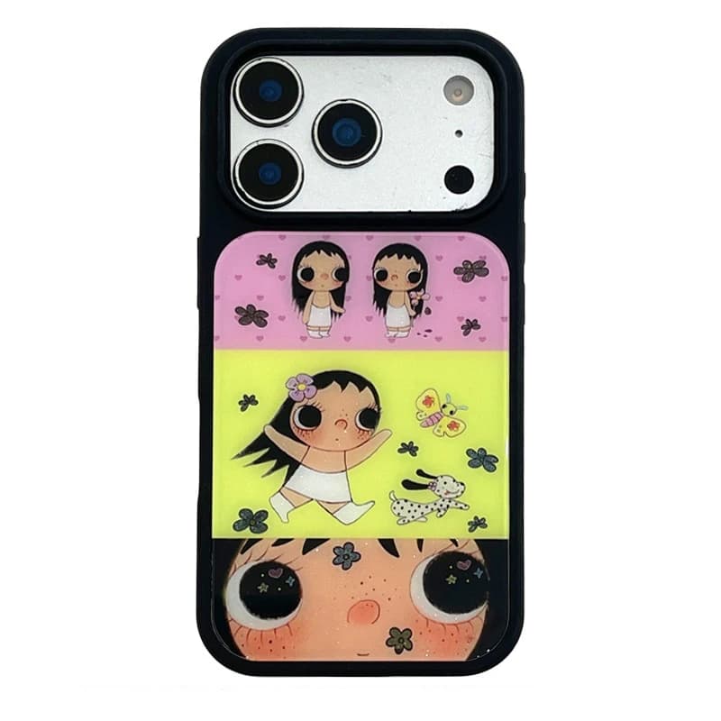 Cover per iPhone con motivo floreale e bordo nero, design cartone animato, per modelli 17 Air, 16 Pro Max, 15, 14 Plus, 13, 12, 11