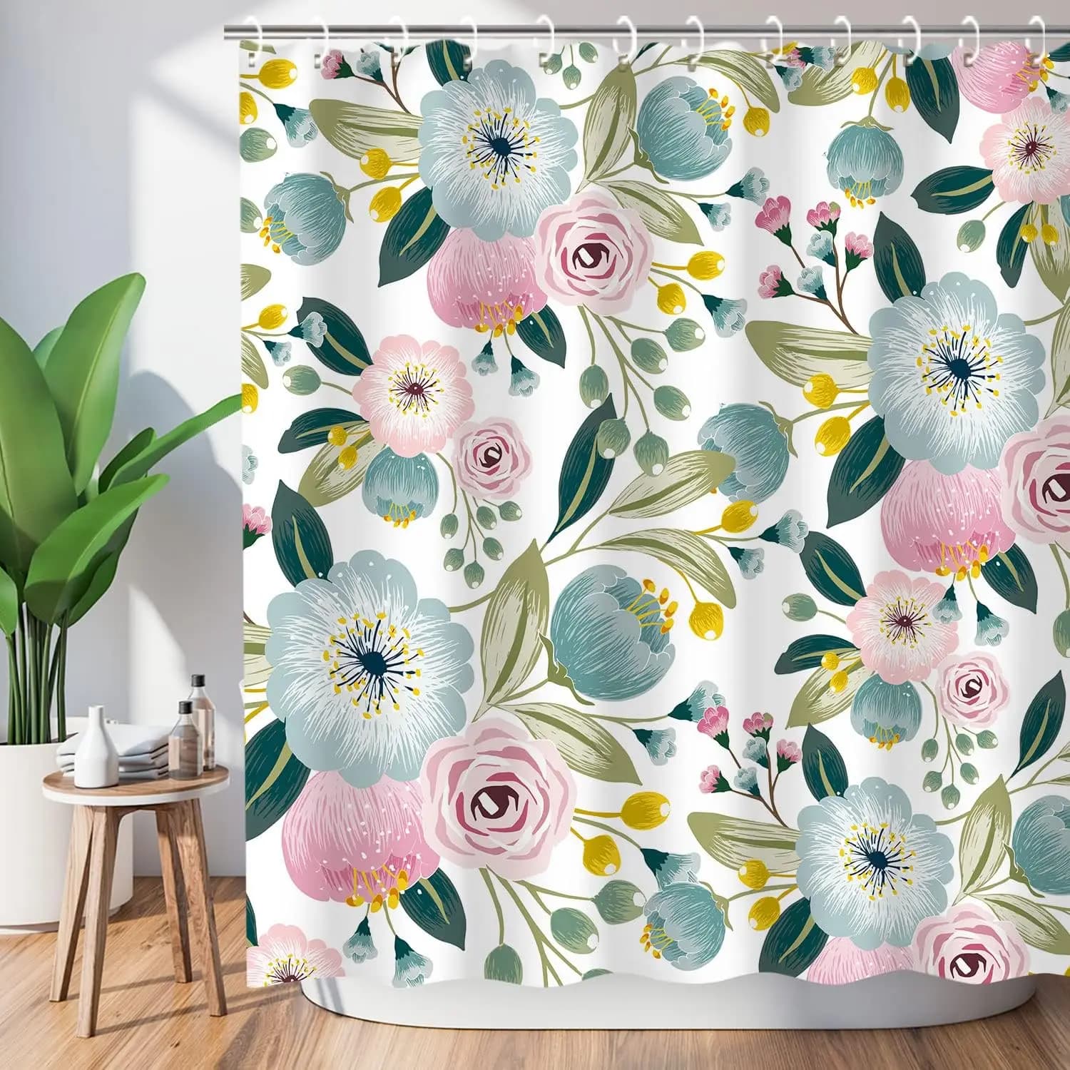 Mint Blue Boho Floral Shower Curtain, Girly Light Blue Pink Poppy Blossom Waterproof Bathroom Decor Fabric Curtain With Hooks