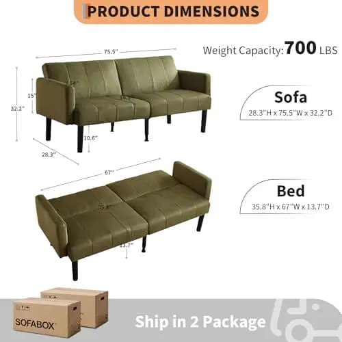 Divano letto pieghevole verde Mid-Century Modern da 75,5 pollici con tessuto effetto lino a righe verticali e gambe robuste