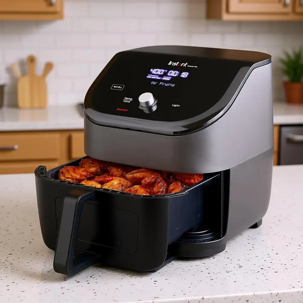 6QT ClearCook Air Fryer, Transparent Window, Custom Programming Options, 6 Functions in 1, Chrome, Grid, Roast, Dishydrate, Cook, Heat
