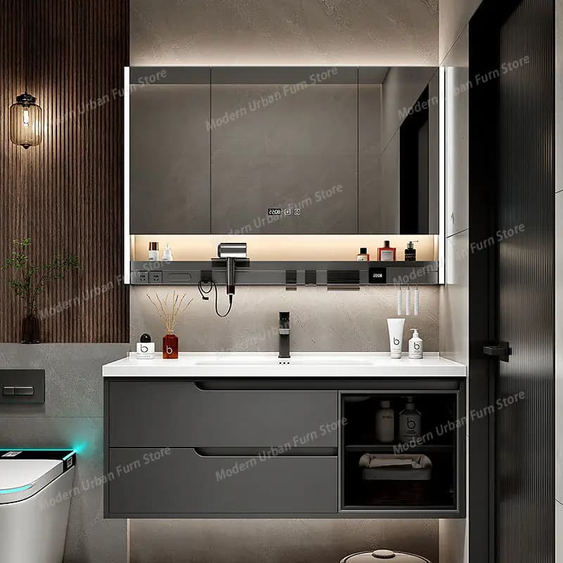 Mobile Bagno Rustico Europeo Grigio Moderno con Specchio Smart, Armadietto Bagno Stretto e Alto, Mobili per Bagno