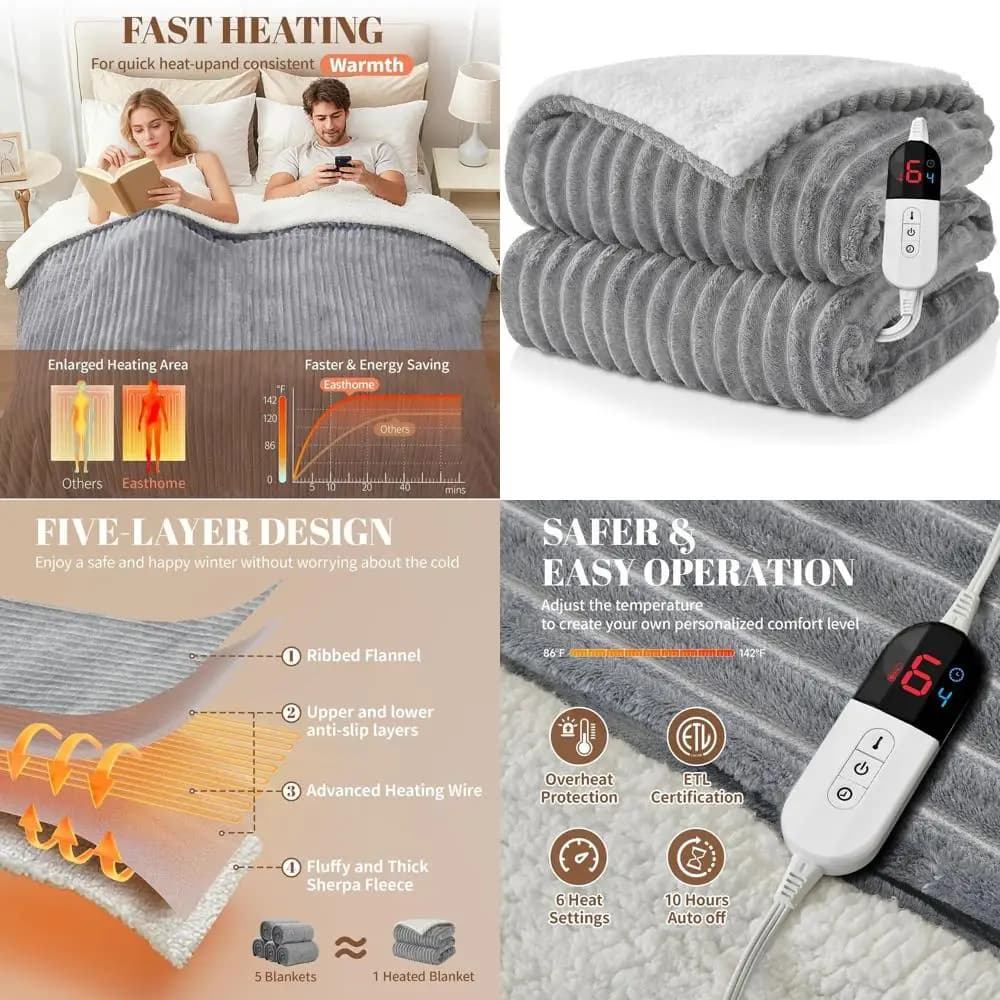 Coperta Elettrica Queen Size 84x90 con 6 Livelli di Calore, Spegnimento Automatico 10 Ore, Morbida Flanella, Protezione da Surriscaldamento, Grigio Chiaro