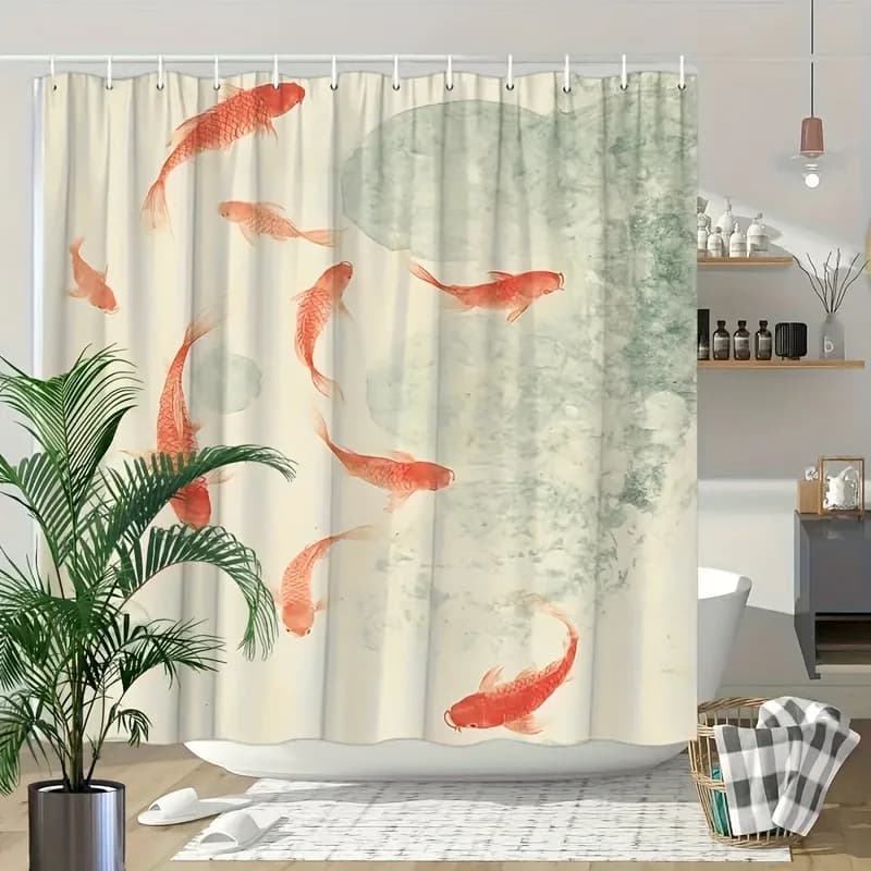 1pc Red Carp Swimming in Water Graphic Print Shower Curtain, Serene Elegant Bathroom Decoration, Including 12 Hooks, Multiple Si