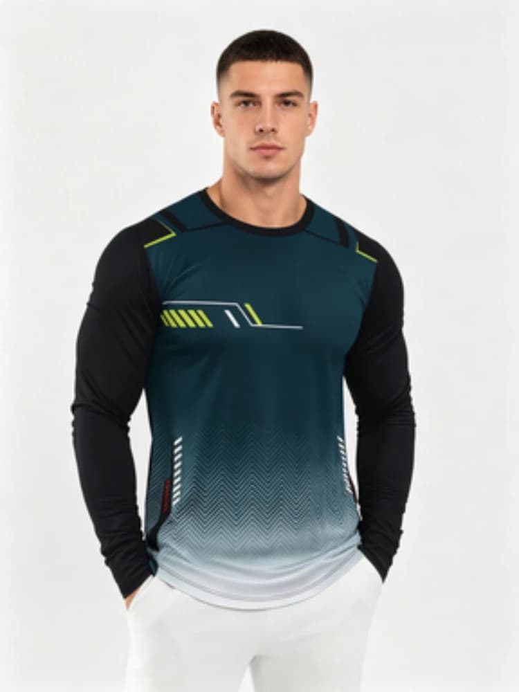 New long-sleeve T-shirt in gradient blue with geometric digital print, breathable and comfortable long-sleeve casual sports top