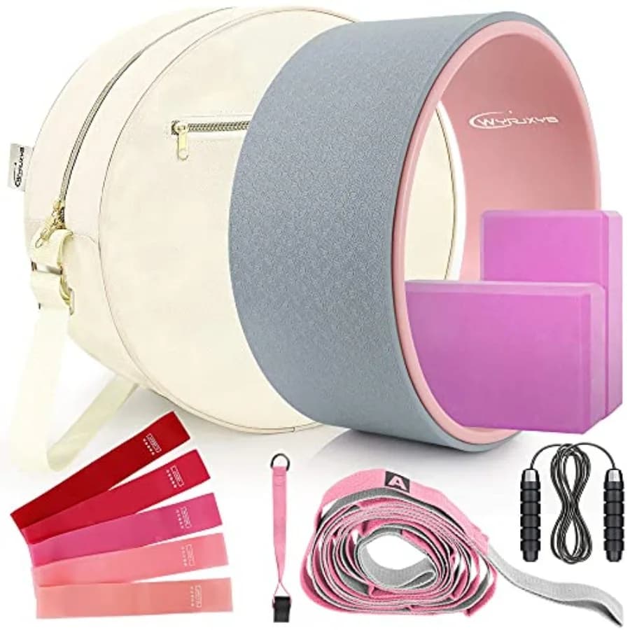 Set Ruota Yoga 11-in-1 con Rullo per Schiena, 2 Blocchi, Cinghia, Fasce di Resistenza, Corda per Saltare e Borsa per il Trasporto - Accessori Perfetti per Yoga e Ruota Schiena
