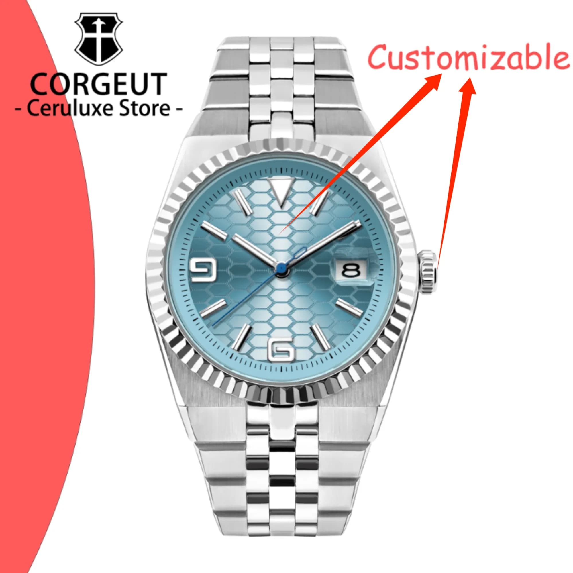 Orologio da uomo personalizzato con logo, movimento meccanico automatico NH35 da 40 mm, vetro zaffiro, indici luminosi, cassa in acciaio inossidabile, impermeabile