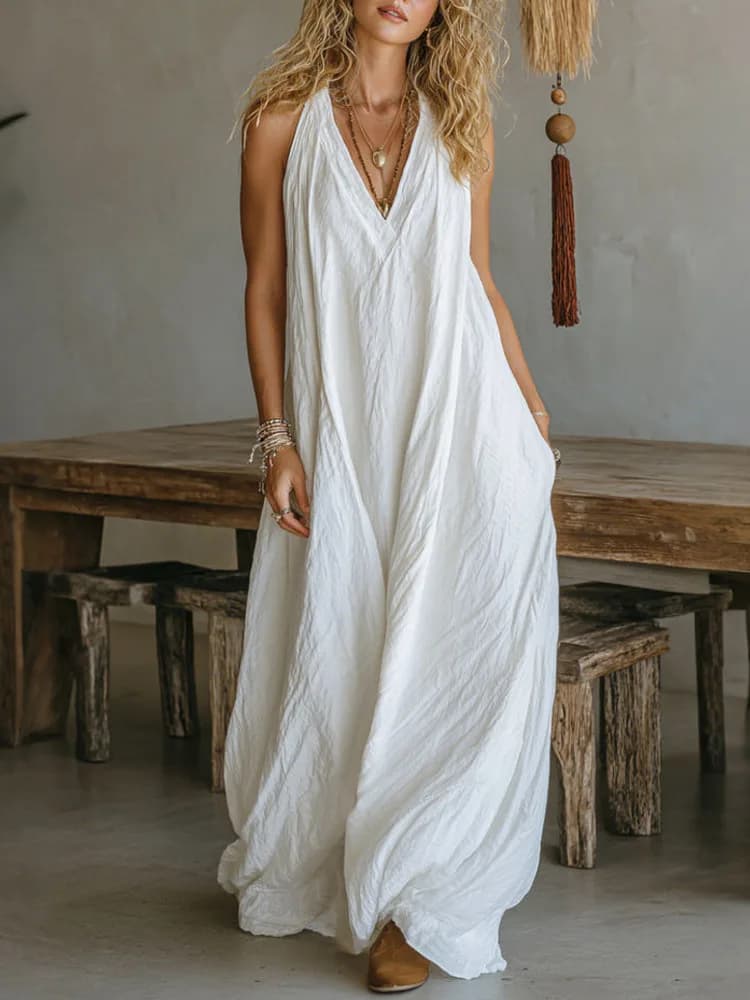 Abiti Bianchi Primavera Estate 2026: Tendenze Casual, Vestito Lungo Senza Maniche con Scollo a V per Donna, Vestito Ampio con Tasche per Vacanze, Vestidos Robe