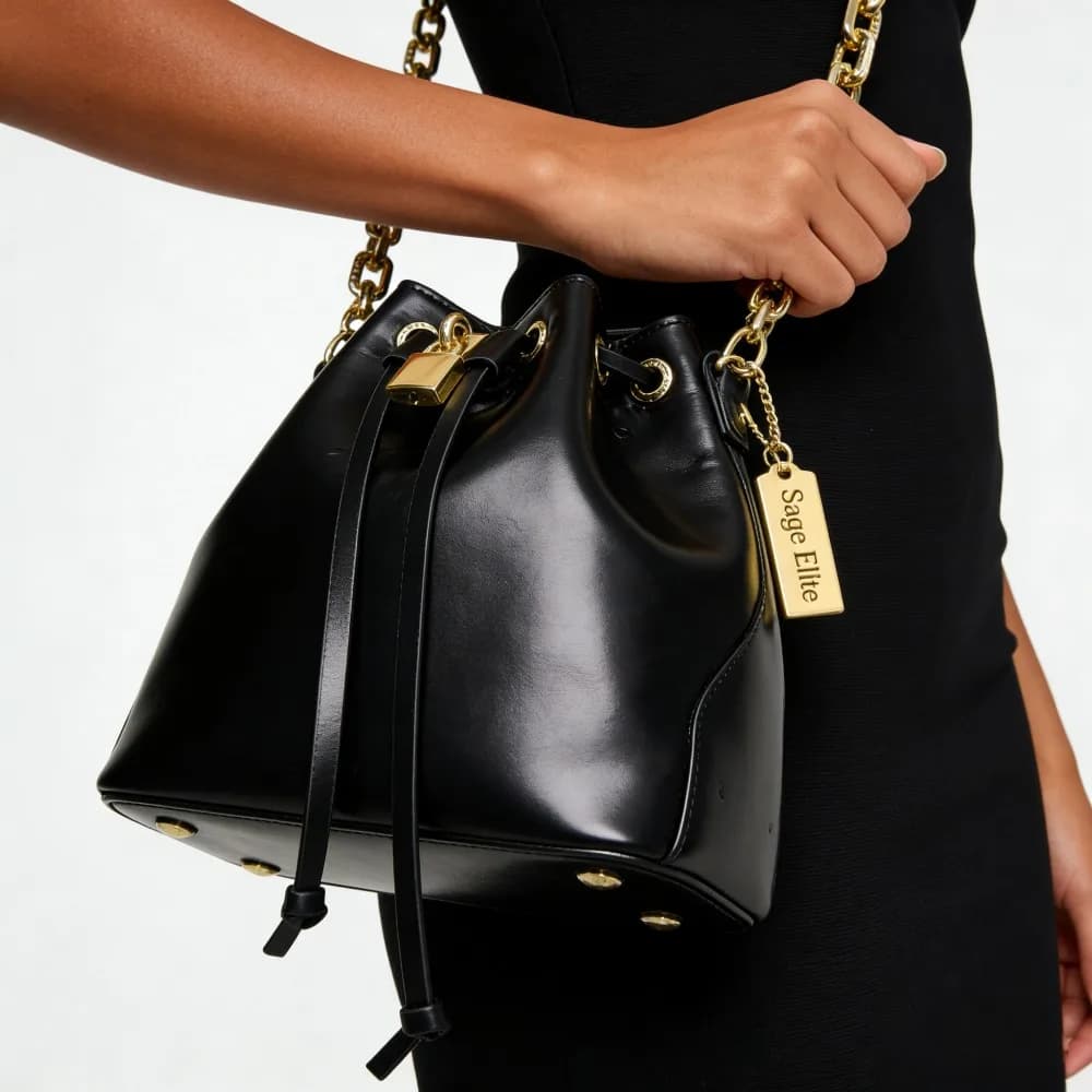 Borsa a secchiello Sage Elite nera con catena dorata – Elegante borsa a tracolla da donna, borsa di lusso con chiusura a lucchetto per tutti i giorni
