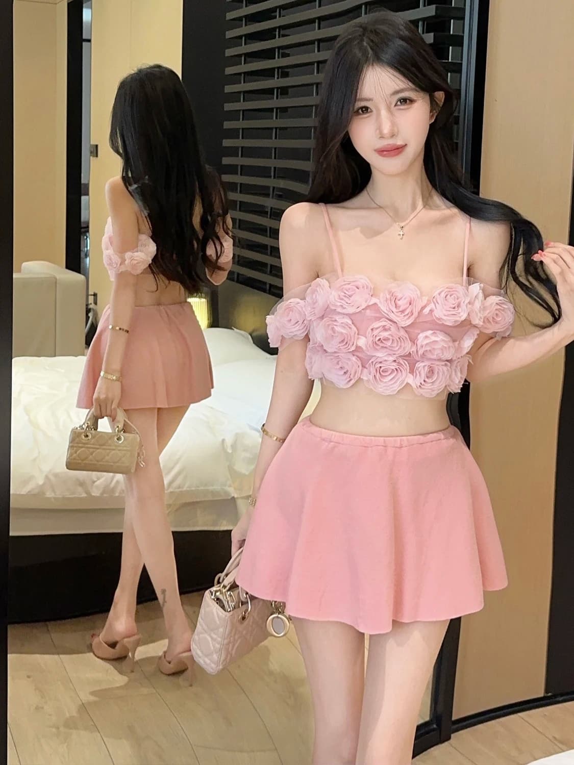 Sweet And Spicy Pure Desire Small Size 3D Flower Tube Top Strapless Top High Waist Slim A-Line Skirt Two-Piece Set