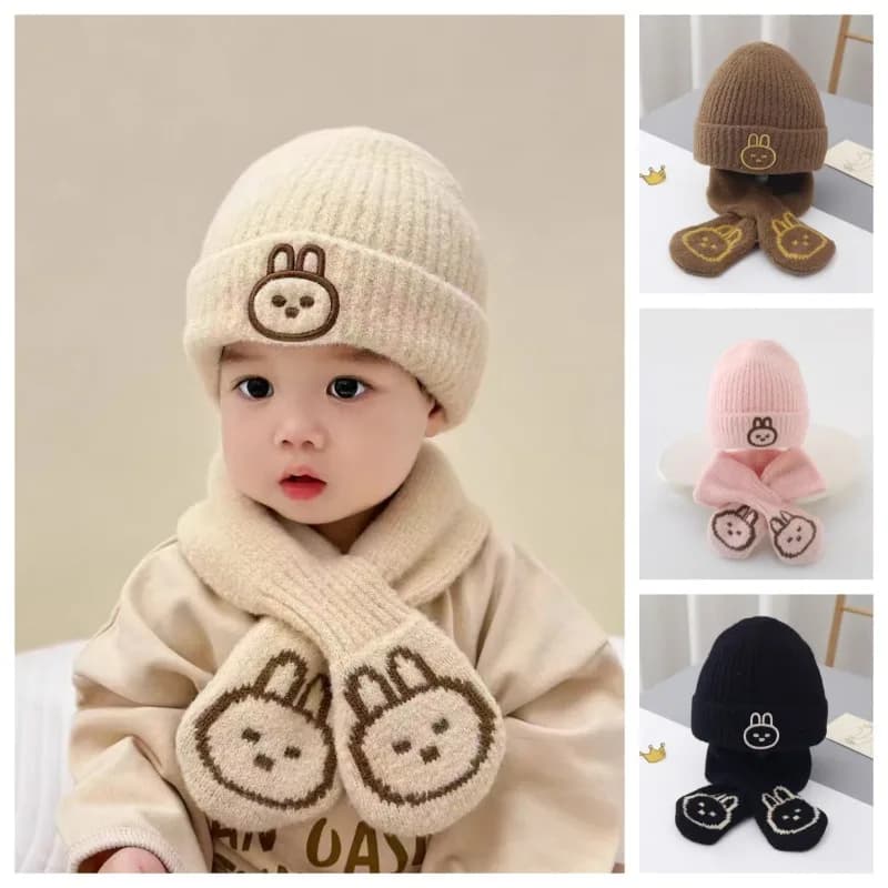 Set di cappelli in stile coreano carino per bambini invernali: berretto e sciarpa unisex in maglia a forma di coniglietto, copricapo caldo per bambini autunnali e freddi.