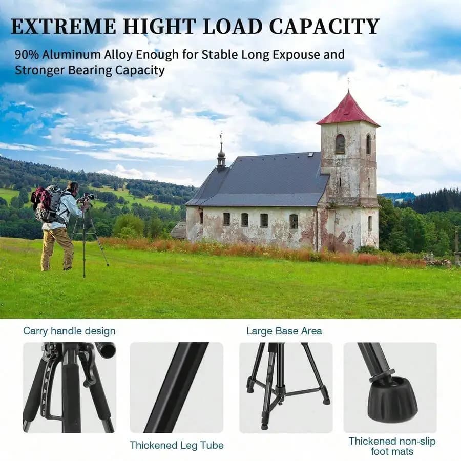 60 Inch Aluminum Camera Tripod With Phone Holder, Heavy Duty Portable Stand For DSLR Video Blogging