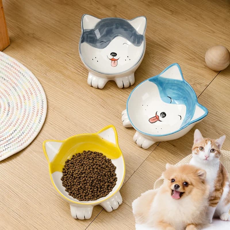 Ciotola per gatti Ciotola per gatti in ceramica per animali domestici Simpatico mangiatoia per gatti che beve Piatto per cani con protezione per il collo del piede alto giapponese