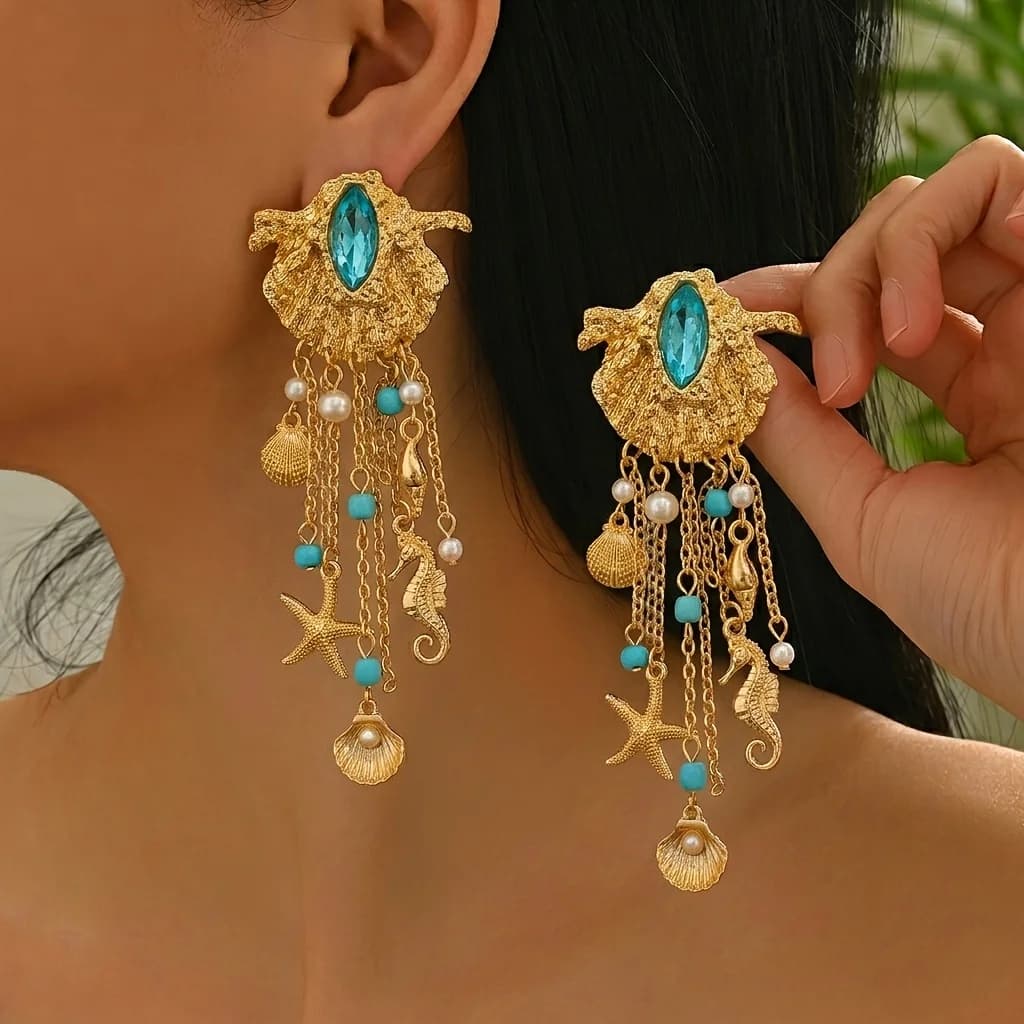 1 pair of marine-themed fringed earrings, bohemian resort style, styling base inlaid with imitation seahorse, imitation sea star, imitation pearl multi-element pendant, suitable for young women on beach trips, music festivals or summer parties