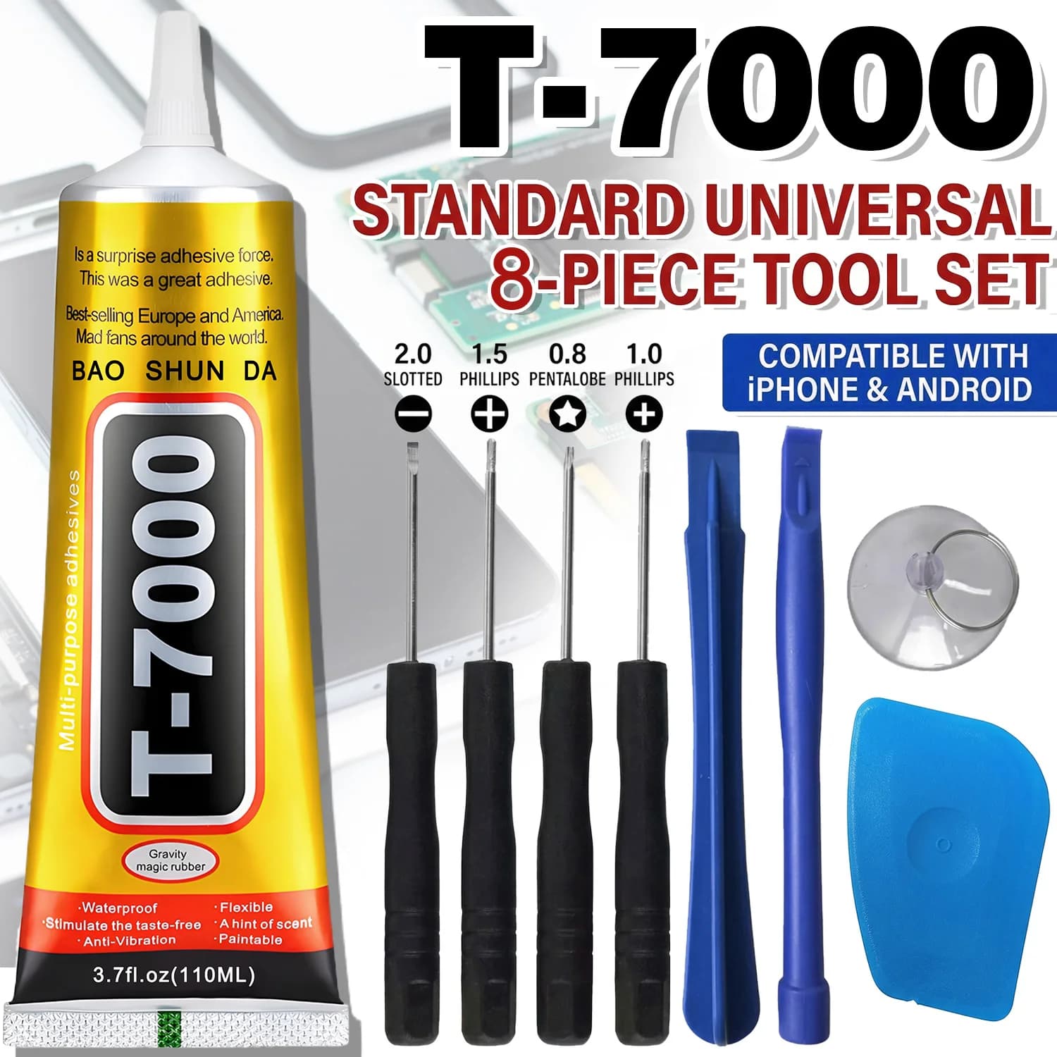 T-7000 Strumento universale per la riparazione dello schermo dei telefoni cellulari neri Adesivo impermeabile ad alta resistenza, B7000 Colla elastica T-7000 Colla per la riparazione di schermi di tablet,15/50/110 ml.