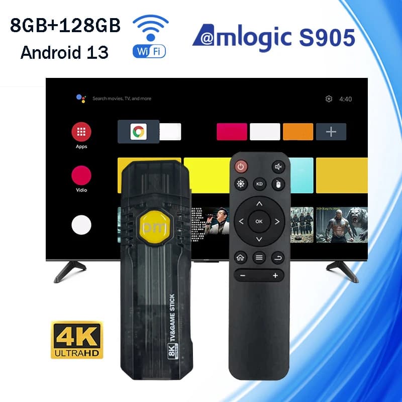 OM TV Stick Android 13.0 HD 4K 1080P H.265 60fps Amlogic S905L quad-core WiFi 4G 8GB RAM 128GB ROM Smart Media Player iptv