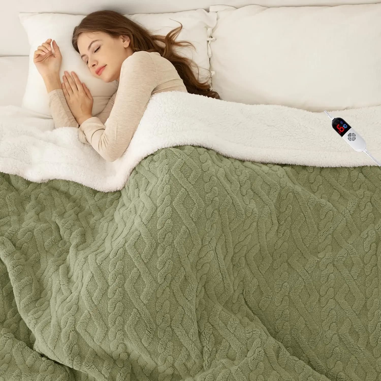 Coperta riscaldata a grandezza naturale 72"X84" Verde - Morbida coperta elettrica Sherpa con 6 livelli di calore e spegnimento automatico, lavabile e certificata ETL