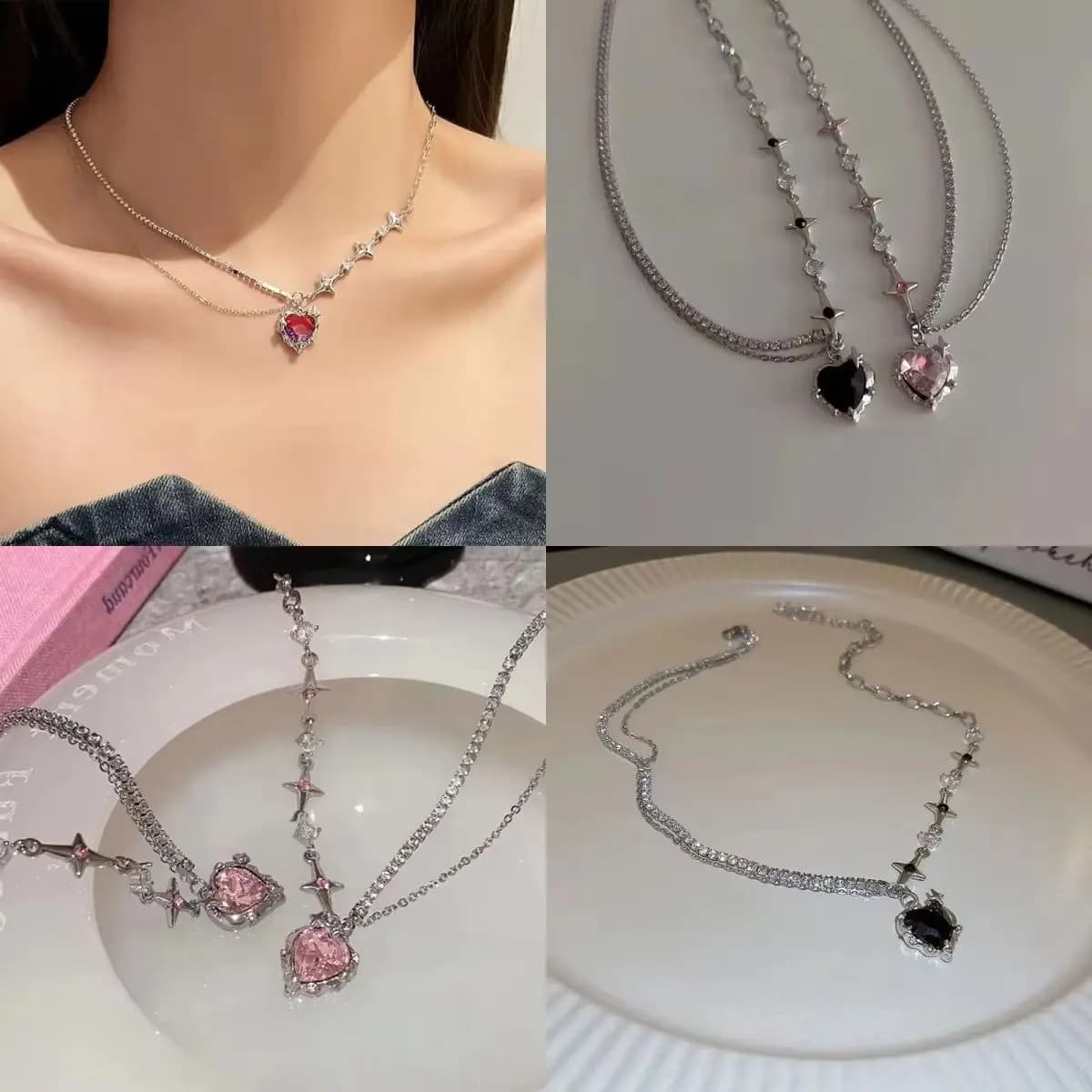 2025 Korean style double layer heart-shaped necklace with lucky bean, simple jewelry accessory with feminine pendant with clavicle chain