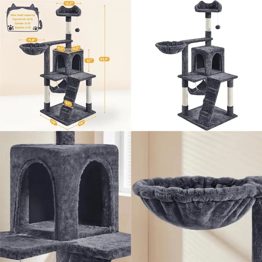 Tiragraffi Compatto 54 Grigio Scuro con Amaca, Tiragraffi e Posti di Riposo in Peluche - Ideale per Gatti da Interno in Appartamenti