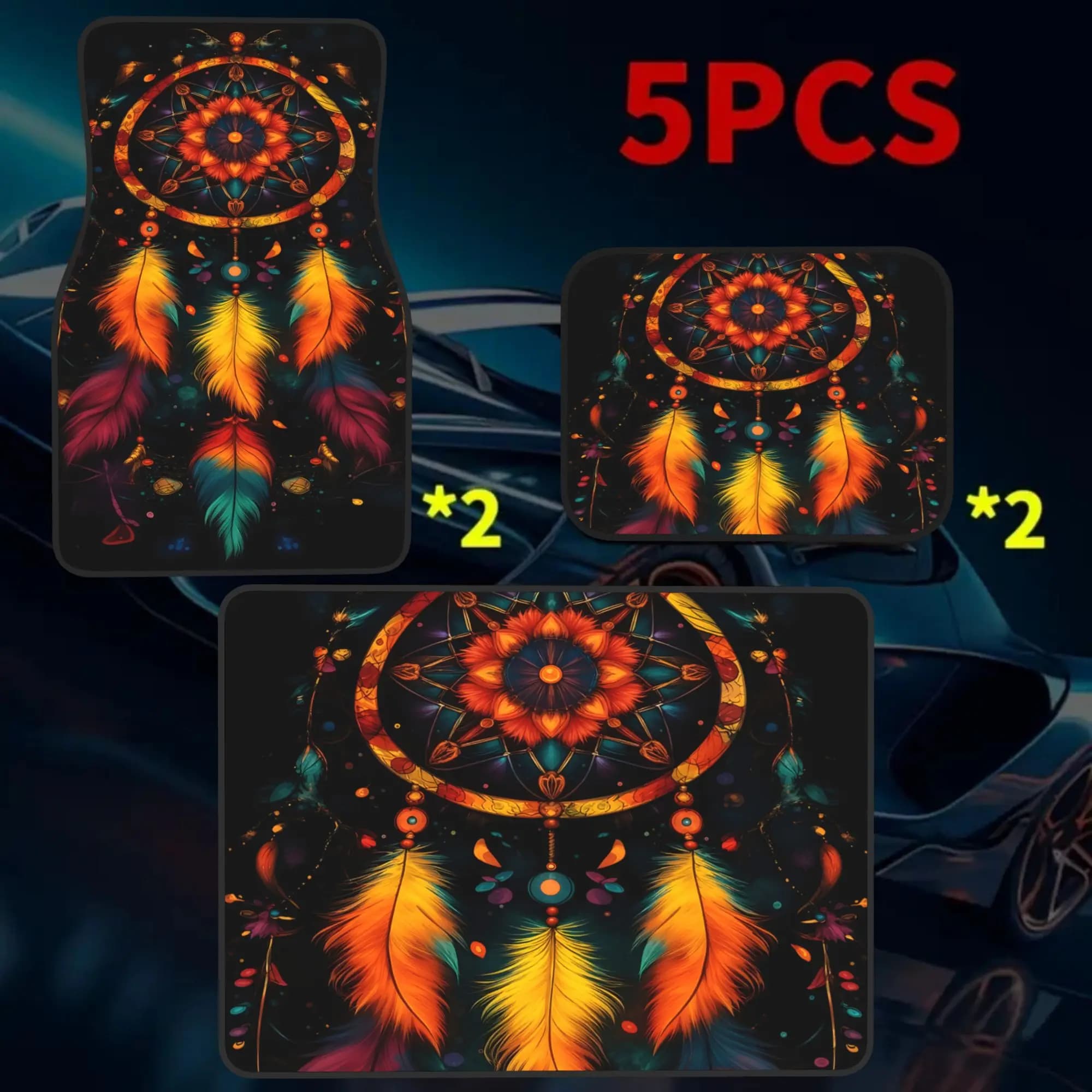 5pcs Vibrant Dreamcatcher With Fiery Feathers And Cosmic Patterns In Neon Hues Universal Car Floor Mats And Trunk Mats, Suitable
