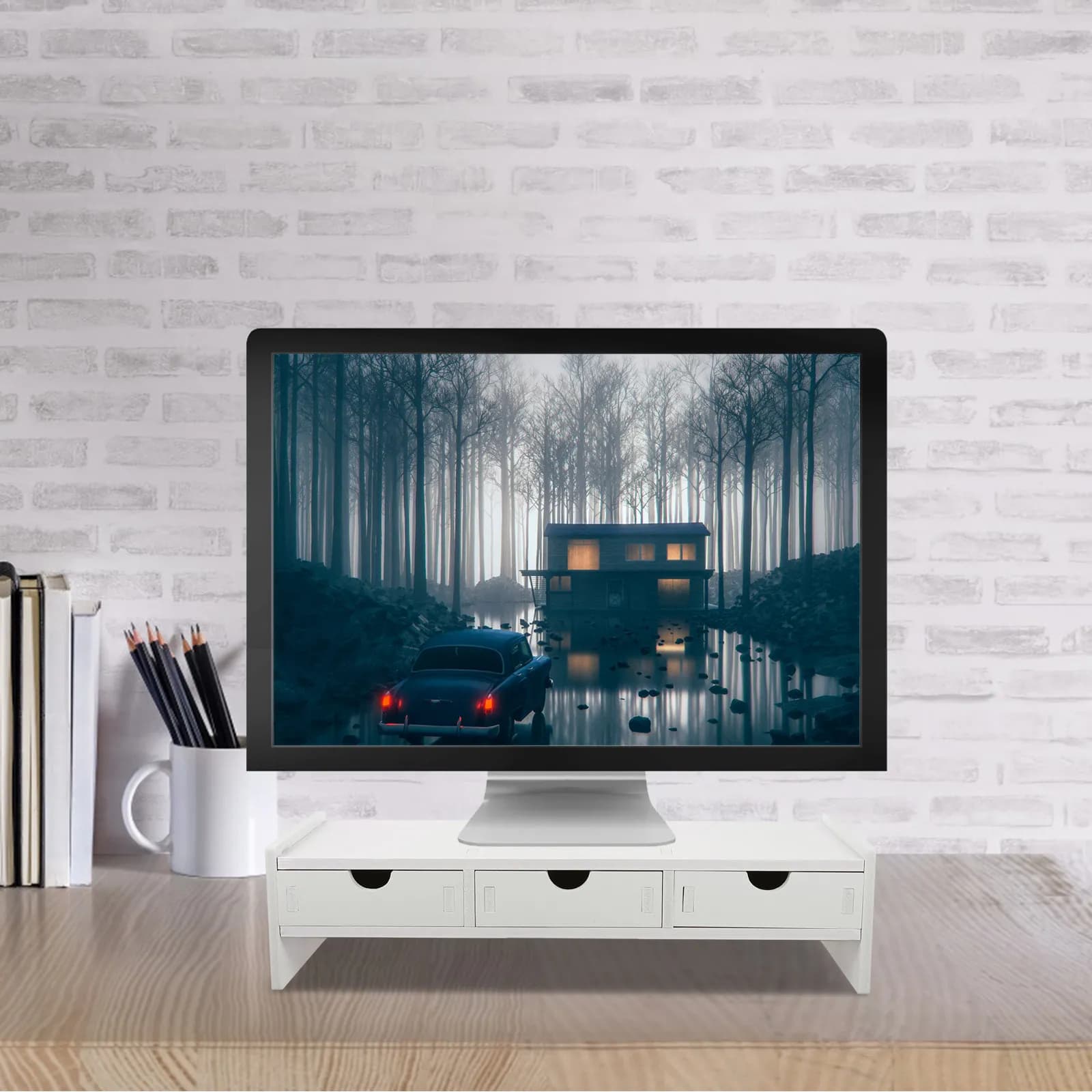 1Pcs Monitor Riser Stand High Quality PVC Wood-Plastic Computer Monitor Stand Organizer Riser Holder with 3 Drawers Desktop