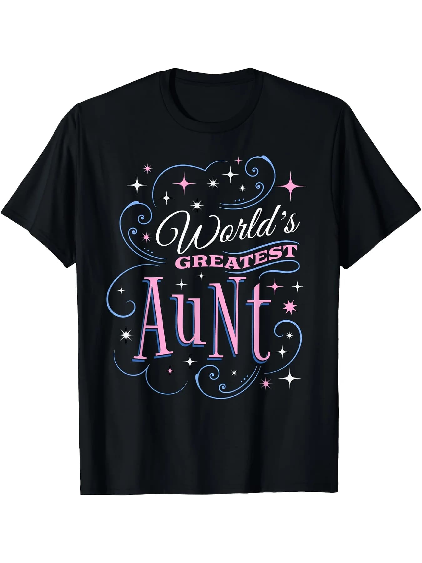Men's World's Greatest Aunt Graphic T-Shirt - Funny Aunt Gift with Hearts & Stars Print, Soft 100% Cotton Crew Neck Short Sleeve, Retro & Trendy Casual Tee for All Seasons, Machine Washable - Ideal Mother's Day Present for Aunts (Black with Pink &