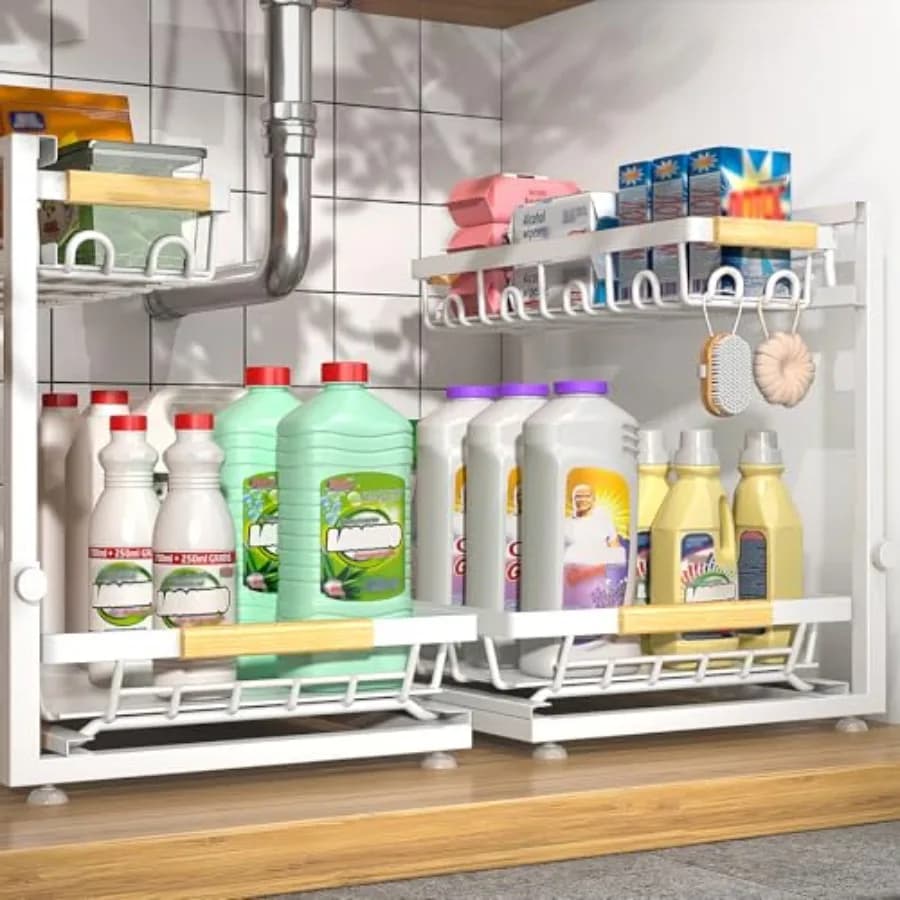 Organizzatore Sottolavello Regolabile in Altezza a 2 Livelli, 2 Pezzi, Scaffale Multiuso per Cucina e Bagno