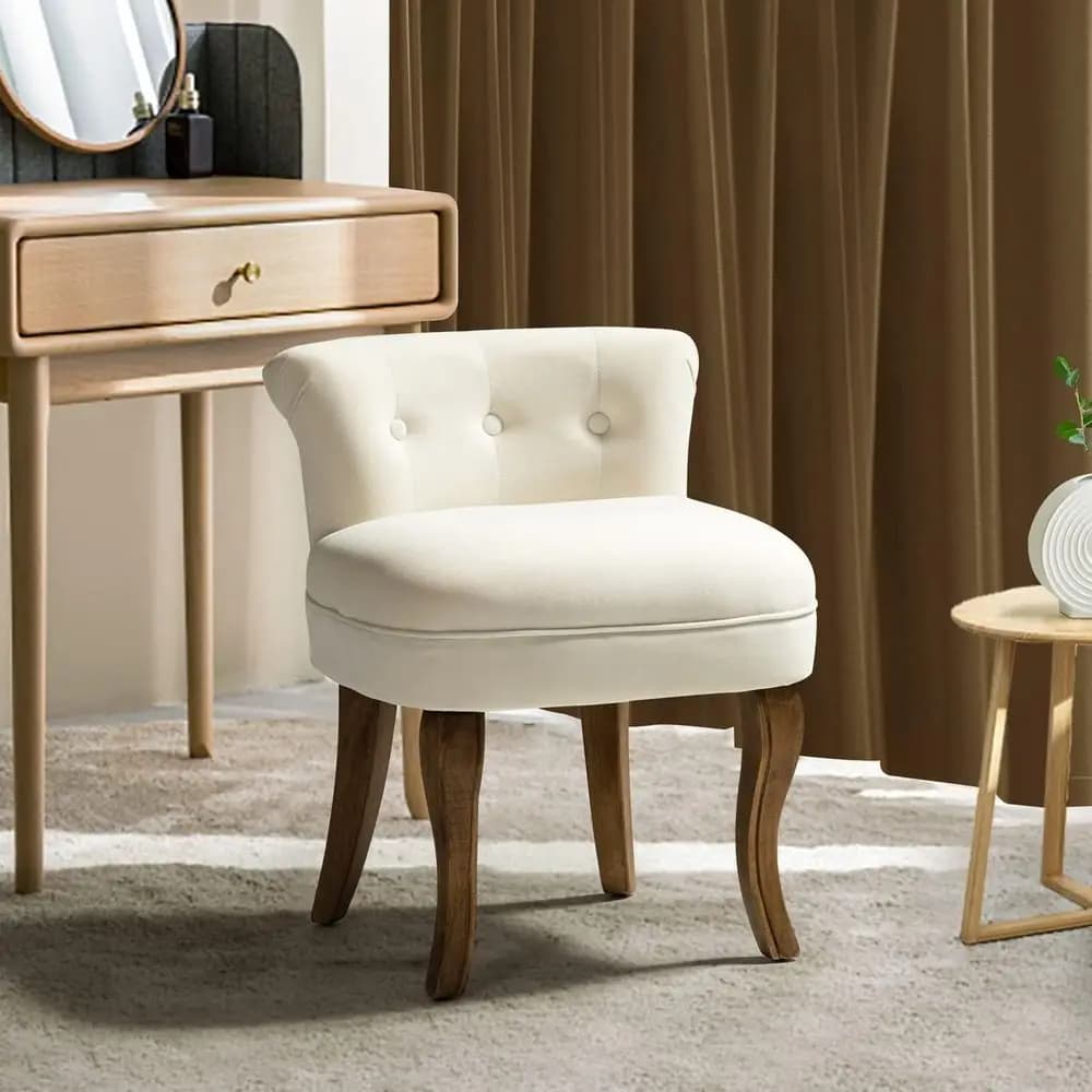 Sgabello da toeletta imbottito color avorio con schienale basso e gambe in legno massello, ideale per l'arredamento di casa, camera da letto e tavolo da toeletta, adatto