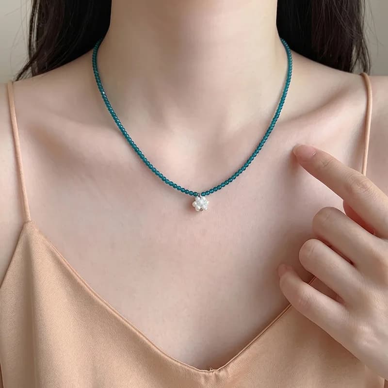 Necklace Handwoven Flower Crystal Seed Beads Fine Chain Delicate Layering Lightweight Elegant Vacation Resort Women