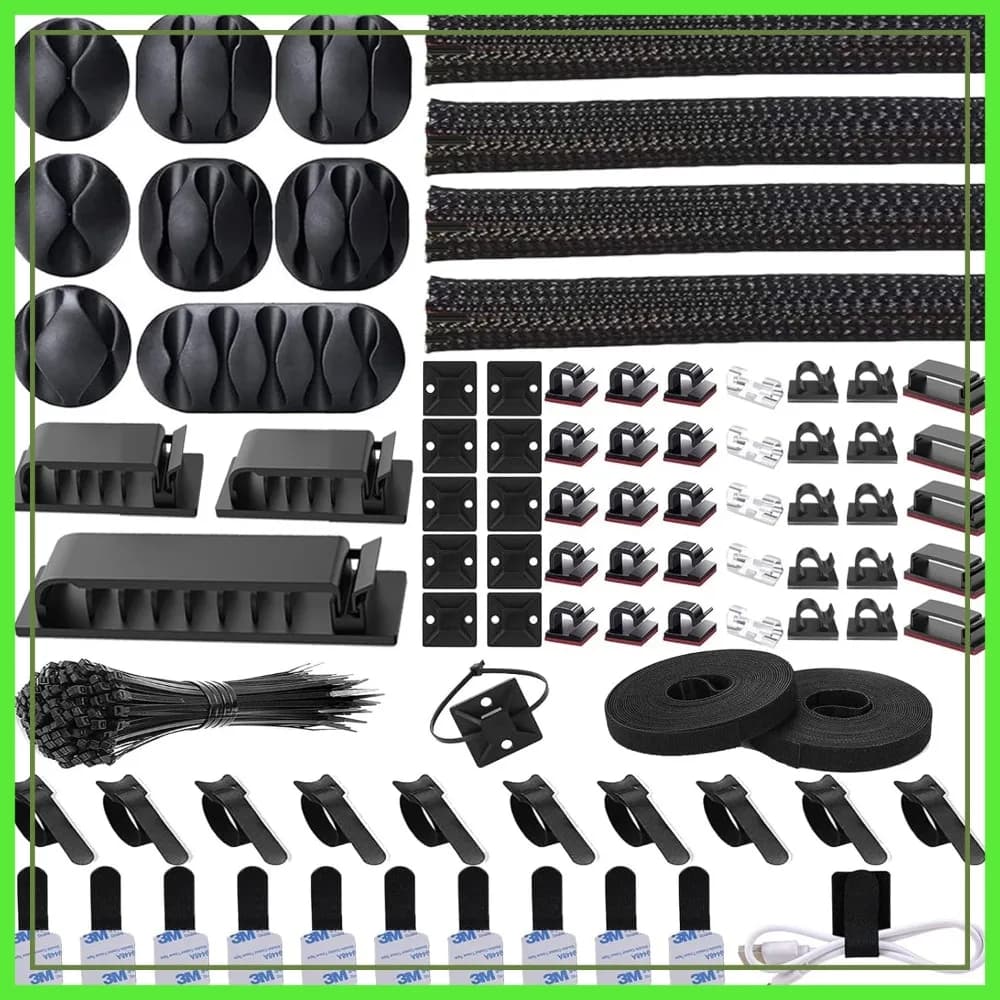 Kit di Gestione Cavi da 192 Pezzi: 4 Guaine per Cavi, 11 Supporti per Cavi, 35 Clip per Cavi, 10+2 Cinghie e 100 Fascette per Scrivania
