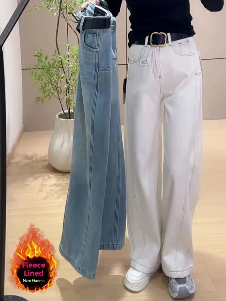 Jeans a gamba dritta foderati in pile taglie forti da donna, stile casual, a vita alta, ampi e modellanti, per autunno inverno