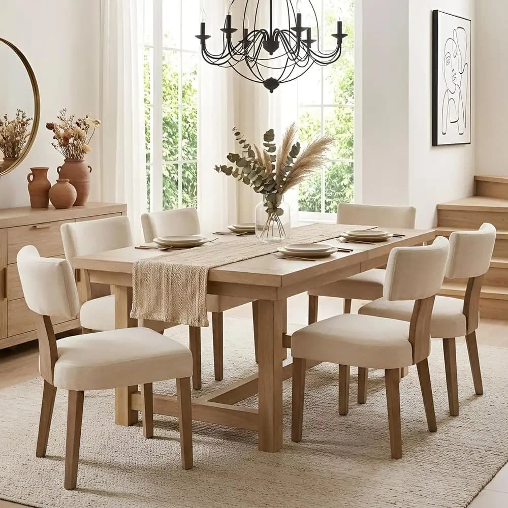 Set di 6 sedie da pranzo imbottite in lino, schienale curvo, gambe in legno massello, beige