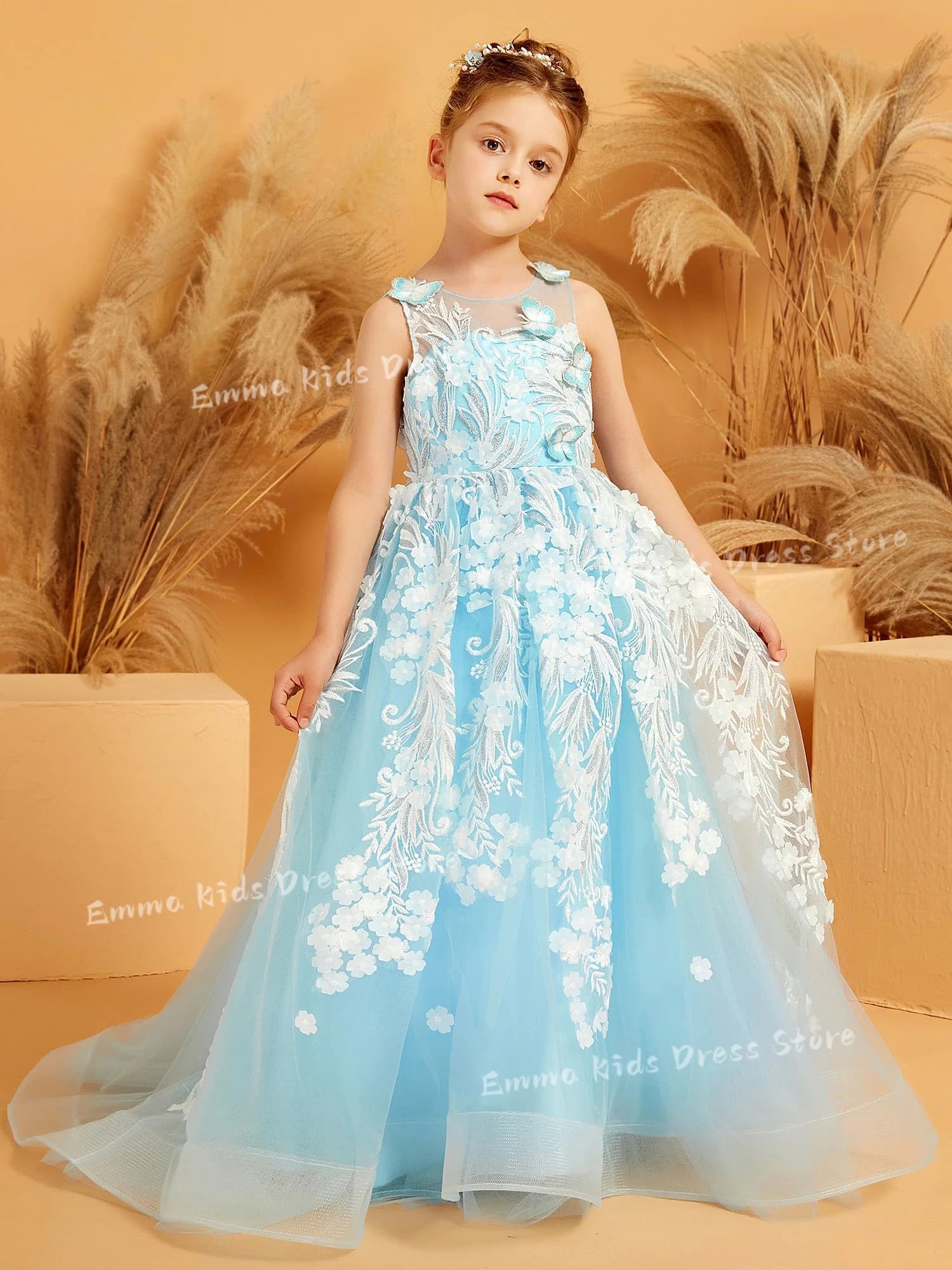 Abito da damigella d'onore DROIS personalizzato, azzurro, senza maniche, con applicazioni in pizzo, fiocco, per matrimonio, Prima Comunione, compleanno, festa, ballo di fine anno
