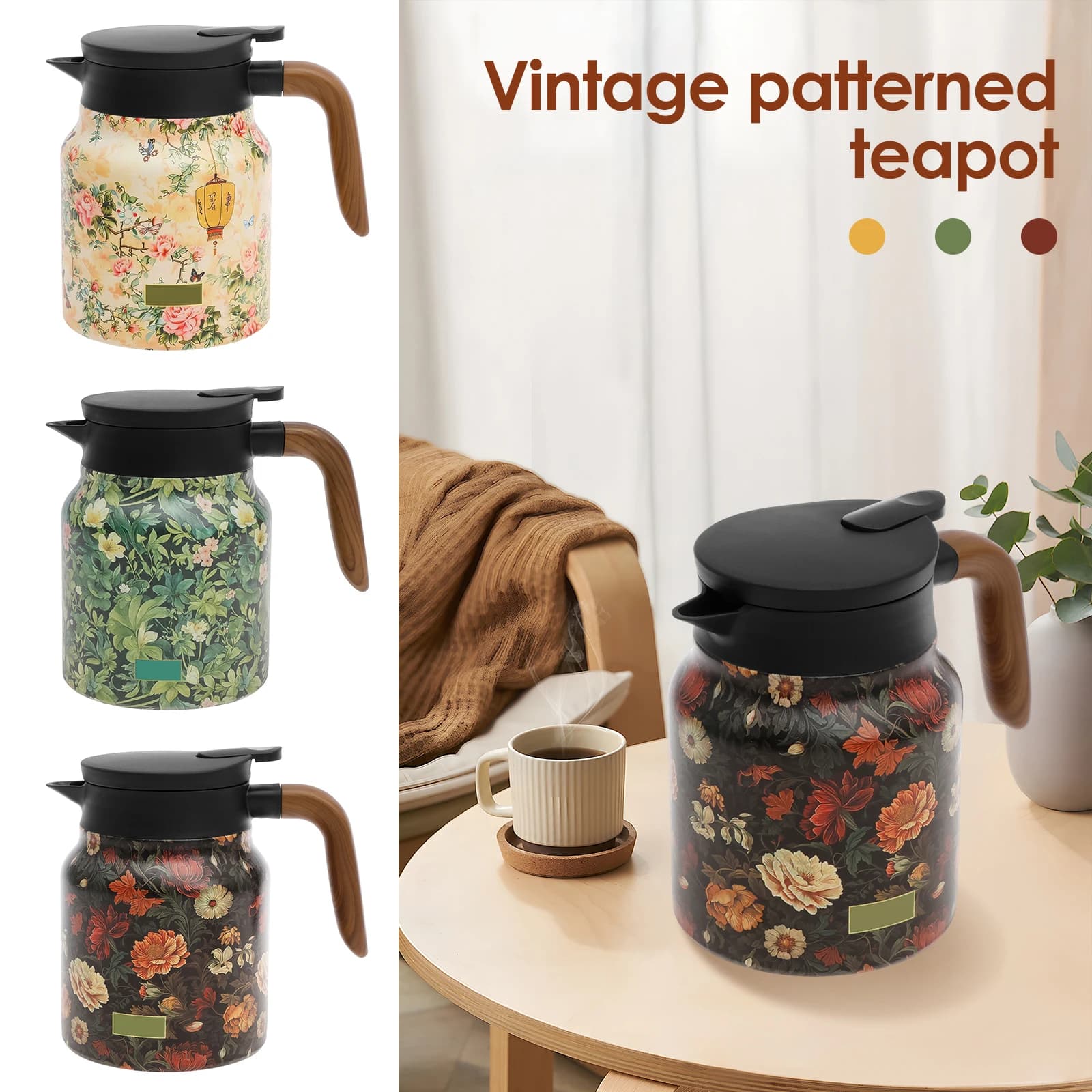 Thermal Tea Pot with Handle Built in Infuser Stainless Steel Insulated Tea Kettle Flower Pattern Insulated Infuser Pot for Home
