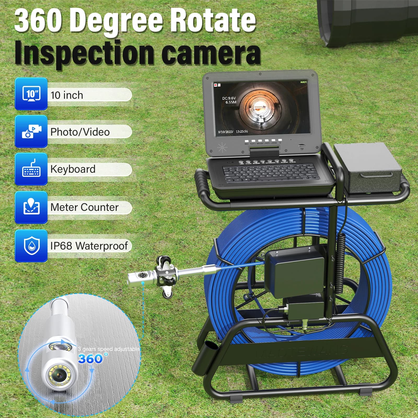 Telecamera per fognature 360 gradi 50/80/100M Localizzatore autolivellante 7mm 512HZ Cavo schermo IPS 1080P da 10 pollici Visione notturna Ip68