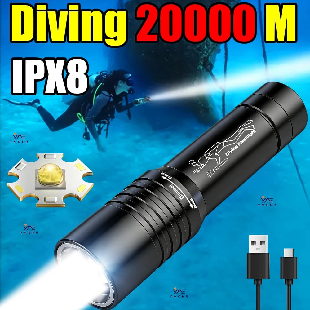 20000M Diving Flashlight Powerful LED Diving Light Underwater Diving Torch Waterproof Portable Lamp Survival Fishing Flashlights