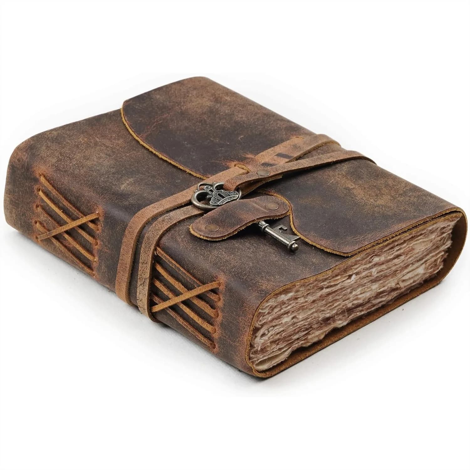 Vintage Leather Journal – Handmade Deckle Edge Paper Notebook with Key Closure for Men Women, Cappuccino Brown, 6x4 Inches (A6)